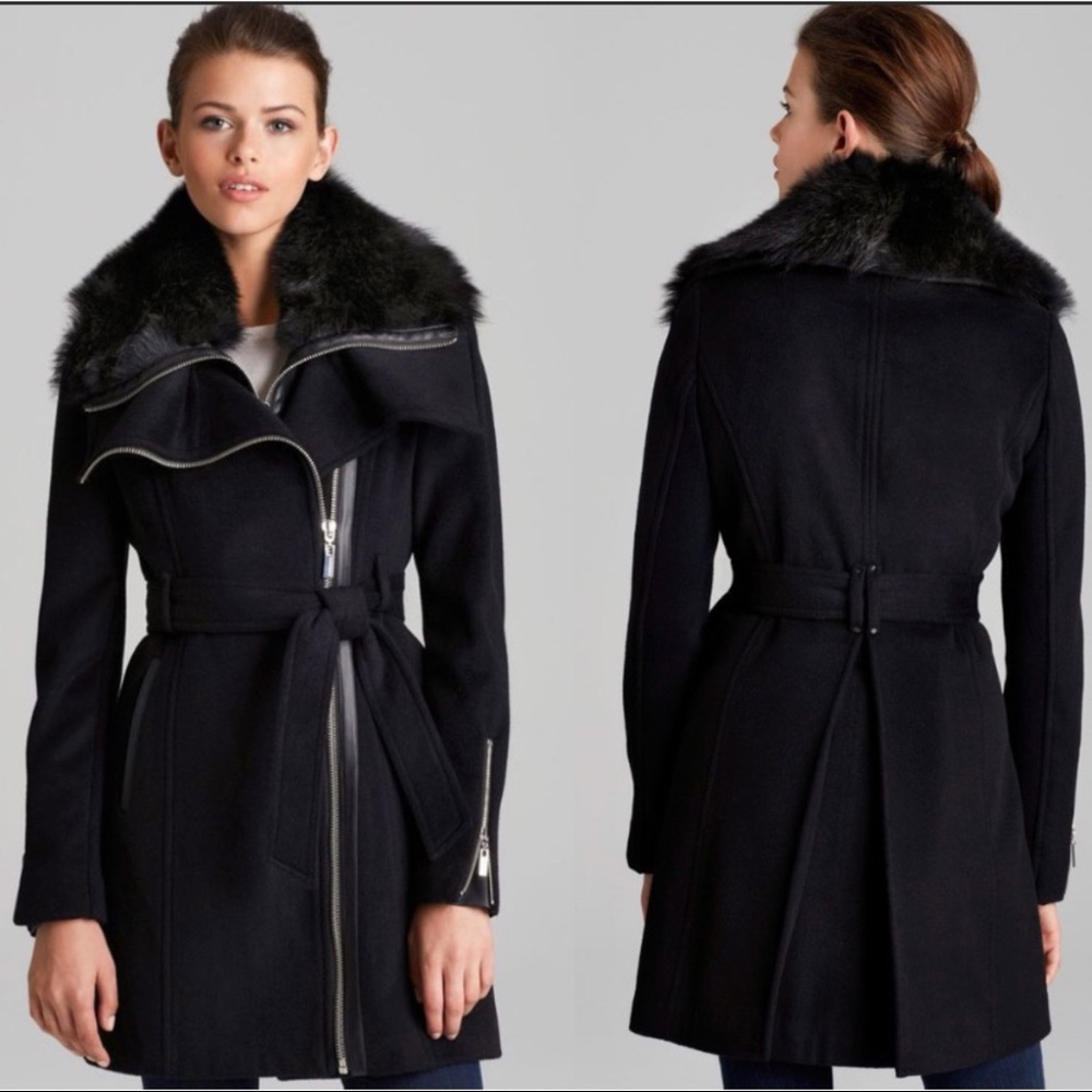 BCBGMaxAzria Black Wool, Leather & Fur Coat
